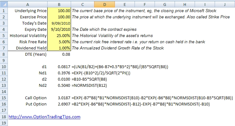 Black Scholes Formula in Excel